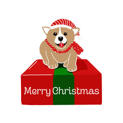 Christmas Puppy Illustration &ndash; Cute Santa Dog on Gift Box