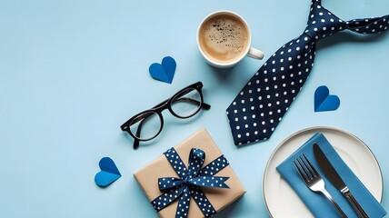 Father’s day background with coffee cup, necktie, gift box, and glasses on blue table, holiday celebration and masculine morning concept flat lay