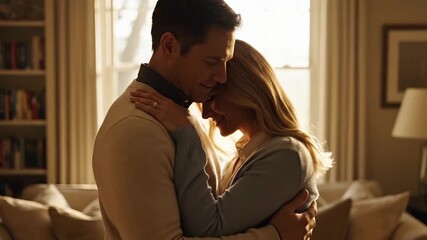 Romantic american couple embrace each other in a brightly lit living room