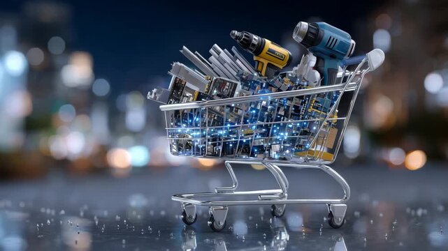 3633D rendering of a shopping cart overflowing with building materials, power tools, and hardware items, displayed on a sleek online store platform, bright digital lighting