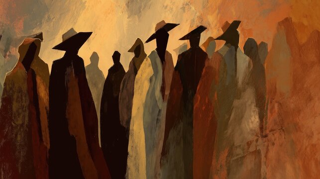 Artistic silhouette of refugees walking in abstract migration scene symbolizing displacement, journey, and human rights