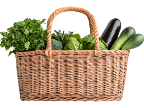 Basket of fresh vegetables isolated on transparent background. Ideal for organic food and market design.