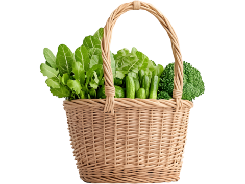 Basket of fresh vegetables isolated on transparent background. Ideal for organic food and market design.