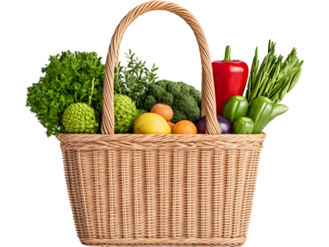 Basket of fresh vegetables isolated on transparent background. Ideal for organic food and market design.