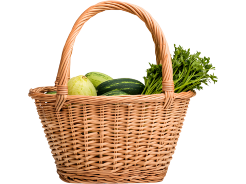 Wicker basket with assorted fruits and vegetables isolated on transparent background. Perfect for food design.
