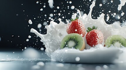 Fresh strawberries and kiwi splashing in milk creates a refreshing and dynamic dessert experience at a kitchen setting