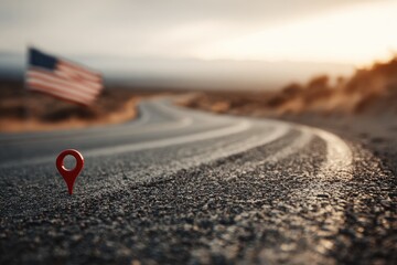 Scenic rural road with a location marker, US flag in the distance. Sunset horizon