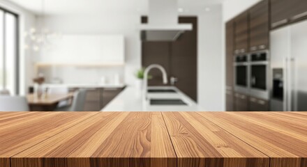 Modern kitchen interior with wooden countertop and blurred background -  