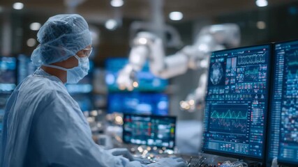 Dynamic operating room scene, female surgeon at center, robotic arms assisting, AI algorithms and patient data displayed on multiple screens, modern healthcare technology emphasis - Powered by Adobe