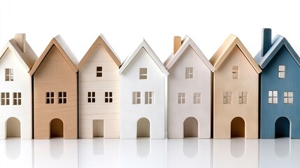 A collection of beautifully crafted wooden model houses is elegantly lined up in a row, highlighting their modern design and exceptional craftsmanship