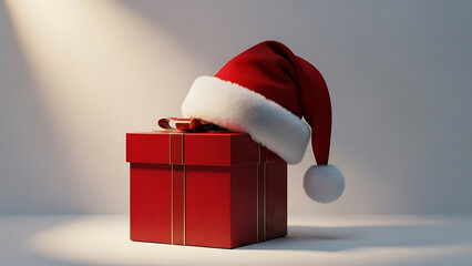 Red christmas gift box with santa hat under spotlight