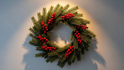 Christmas wreath with red berry decoration hanging on a wall