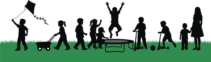 Children outdoor activity silhouette, kids playing vector, adult supervision, grassy field scene, black graphic art, family recreation design