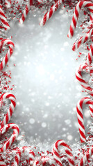 Red-and-white candy cane border forming upper frame, bright winter poster space below 