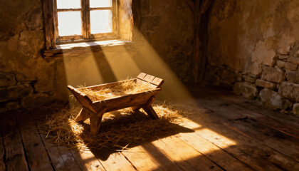 An empty wooden manger in a rustic stable illuminated by beams of light. Nativity scene representing the birth of Jesus Christ. Christian Christmas story concept