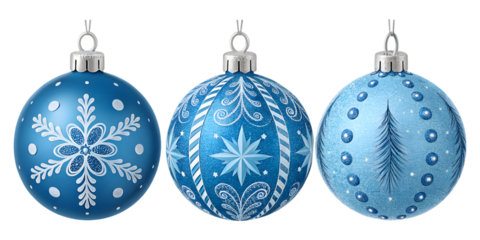 青色のクリスマスオーナメント三つの詳細な描写、雪の結晶、星、松の木が描かれています。.