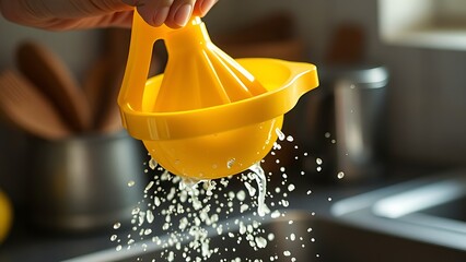 squeezer. A yellow lemon squeezer being compressed, droplets flying in kitchen scene. menu design, packaging mockups, designed for culinary blogs and recipe cards for restaurants, inspires cooking.