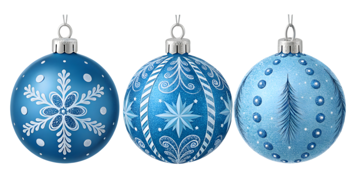 青色のクリスマスオーナメント三つの詳細な描写、雪の結晶、星、松の木が描かれています。.