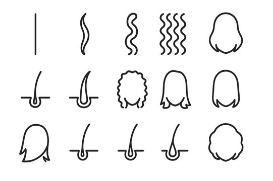 Hair Texture Icons. Hair textures. Line icon set of hair textures: straight hair, wavy hair, curly hair, coily hair, fine hair, thick hair, frizzy hair, smooth