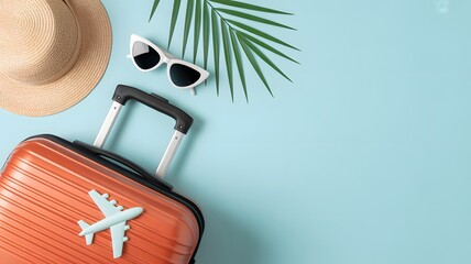 Summer vacation travel concept with suitcase, straw hat, and palm leaves on blue background for tropical holiday trip and adventure planning design