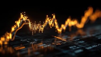 Abstract glowing orange financial graph on dark background, concept of data analytics, investment and digital economy