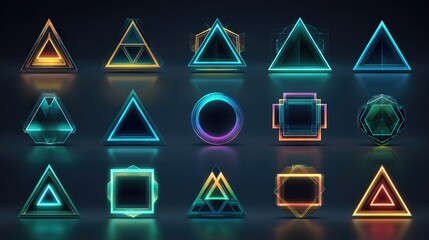 Neon geometric NFT badges and icons with sharp lines, luminous gradients, futuristic style, perfect for digital identity, crypto branding, and collectible series.