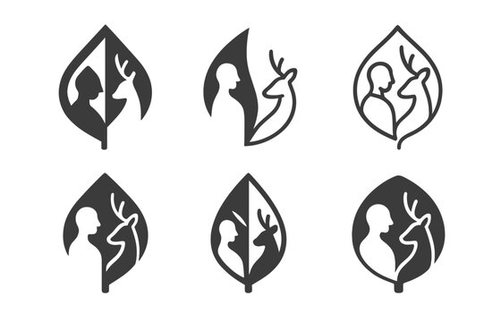 Harmonious Conservation Icons. Nature conservation and wildlife protection. Icon set. Set Logo of conservation: coexistence of humans and nature. harmonious