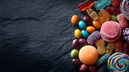 Colorful assortment of candies including lollipops, jelly beans and gummy bears arranged on dark slate background with vibrant color contrast.