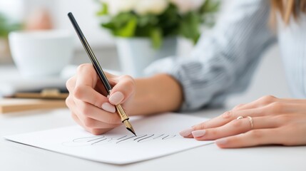 Close-up of woman practicing calligraphy with brush pen, concept of handwriting art, elegance and creativity