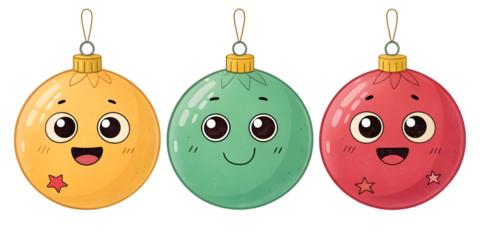 かわいい顔のクリスマスオーナメントのイラスト、黄色、緑、赤の3つの球体.