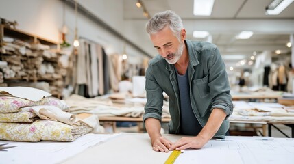 Tailor measuring fabric on worktable in textile workshop, concept of fashion design and craftsmanship