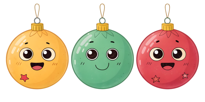かわいい顔のクリスマスオーナメントのイラスト、黄色、緑、赤の3つの球体.