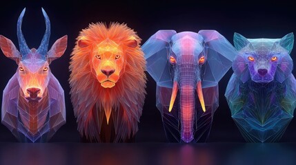Neon geometric animal portraits combining glowing shapes, dynamic lines, futuristic design perfect for digital collectibles, NFT art, and creative branding.