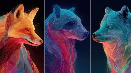 Neon geometric animal portraits combining glowing shapes, dynamic lines, futuristic design perfect for digital collectibles, NFT art, and creative branding.