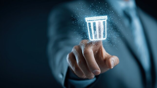 A businessman deletes data using a futuristic digital garbage bin icon interface concept.