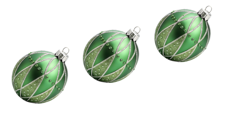 白い背景に分離された、菱形模様が美しい緑色のクリスマスオーナメント3つ.