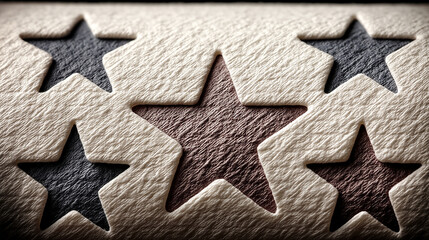 Cinematic macro shot of delicate leather or textile stars. Rustic wall border with raised cream and colored star shapes.