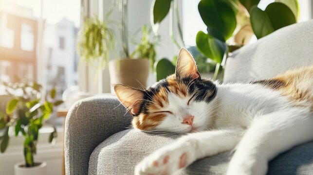Sleeping calico cat relaxes on a grey sofa in a sunlit room filled with indoor plants during daytime