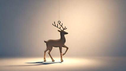 Golden reindeer ornament hanging in dramatic spotlight against soft background