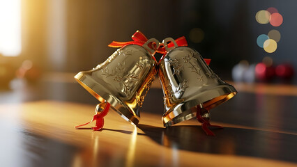 Two golden christmas bells with red ribbon bow on wooden table