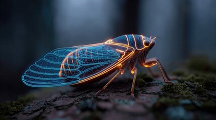 Neon glow outline of cicada resting on citrus bark surface, stylized glowing silhouette with bark texture detail in macro night environment