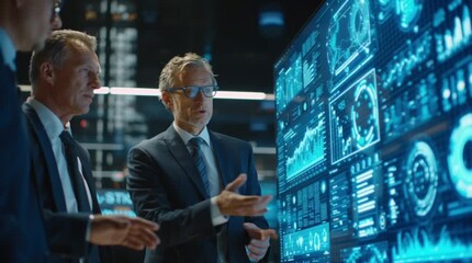 Dynamic business team analyzes data on a modern digital display, collaborating on strategy and insights for future growth in a vibrant tech environment - Powered by Adobe