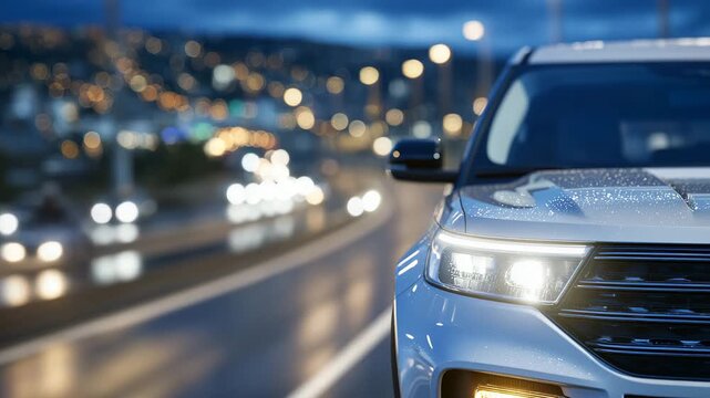 Front-angle shot of car initiating lane change, amber turn signal flashing, wet pavement reflecting city lights, dusk sky and surrounding vehicles, autonomy and safety highlighted