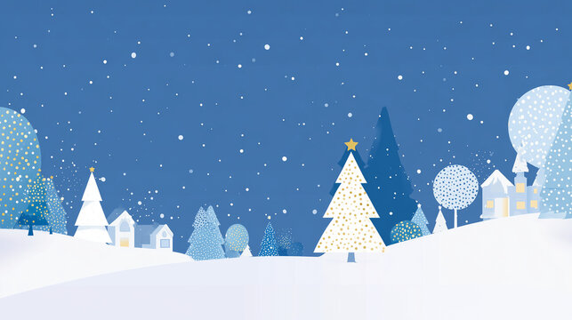 Ilustra&ccedil;&atilde;o de paisagem natalina minimalista em azul, com &aacute;rvores, neve e casas iluminadas. Cena tranquila perfeita para cart&otilde;es, convites e materiais festivos