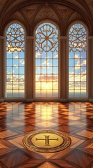 Ornate Interior with Golden Accents and Three Large Windows Overlooking the Sea at Sunset with Reflected Light on the Tiled Floor