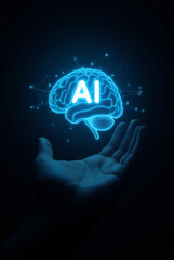 Human hand holding a glowing ai brain, artificial intelligence concept