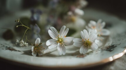 Close-up photo of delicate white flowers on a plate with blurred floral background, Generative Ai