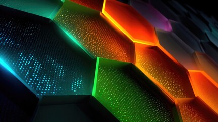Neon glow edges or outlines highlighting sharp digital shapes with vibrant luminous borders, electric colors and futuristic cyberpunk aesthetic in design.