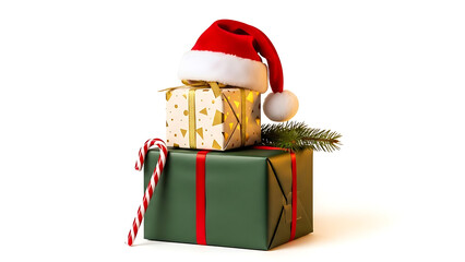 Stack of christmas gift box with santa hat and candy cane