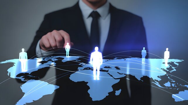 Businessman using digital world map with human icons, global network connection and international business communication concept background
